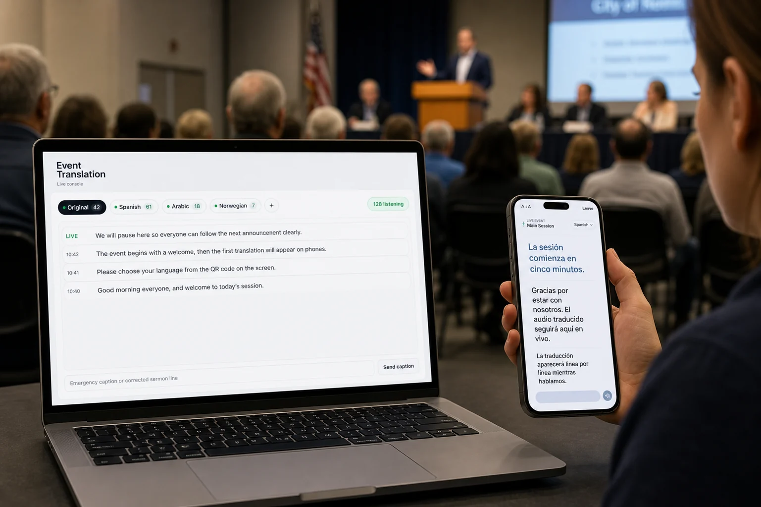 Residents following a civic meeting in their own language on their phones.