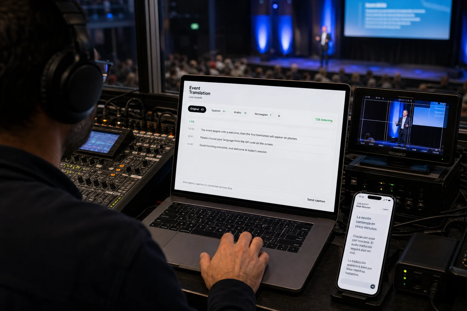 A volunteer running a live translation session from a laptop at the booth.