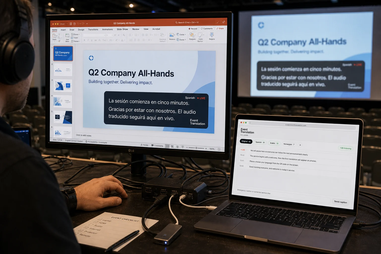 Presentation software with the Koine caption overlay added as a browser source.