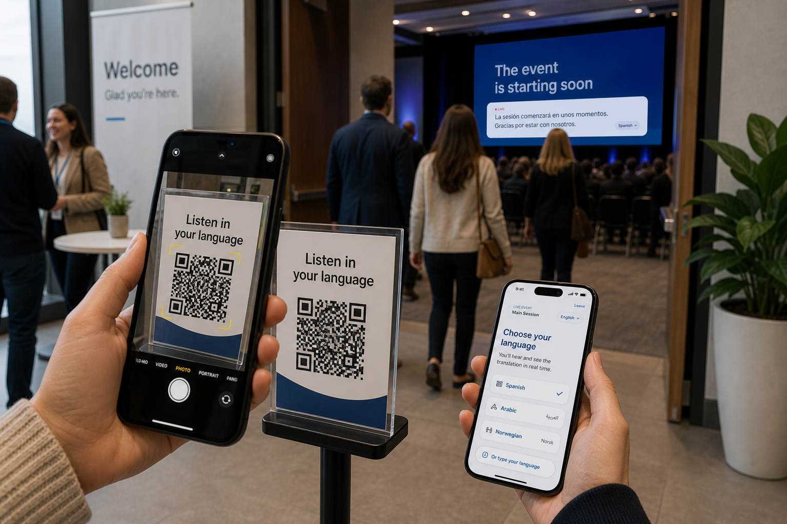 A person scanning a QR code to join a session and choose a language.