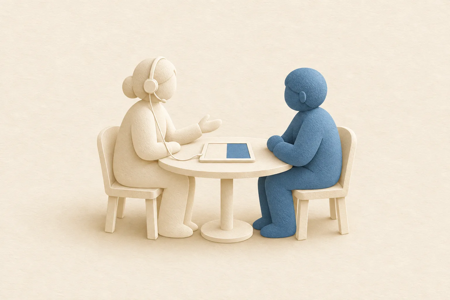 종이 오리기 그림 속 두 사람이 작은 테이블에 앉아 있고 그 사이에 태블릿이 놓여 있으며, 한 사람은 헤드셋을 쓰고 있습니다.