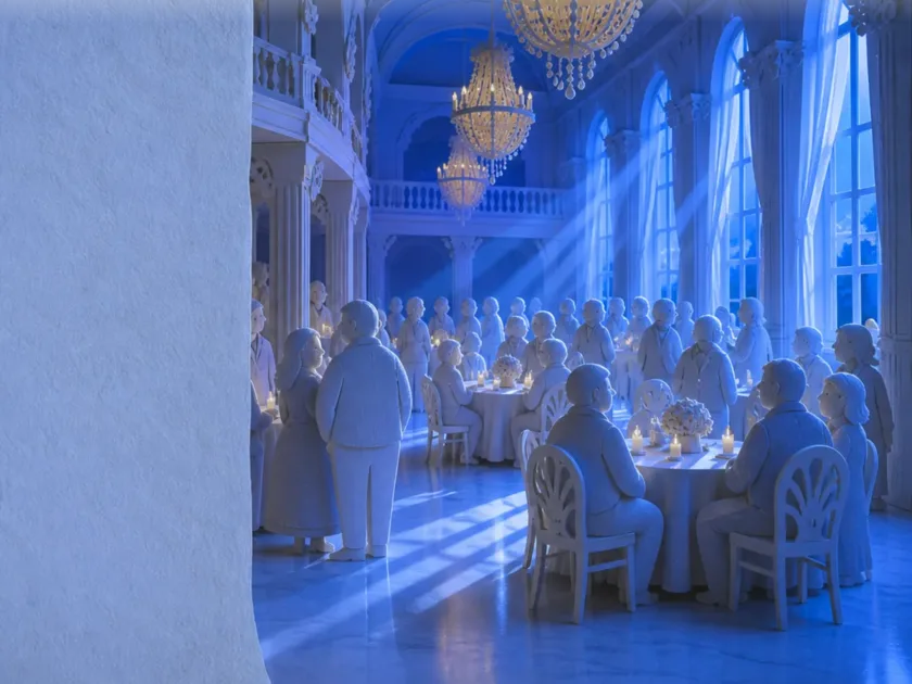 Papirklipp av ei konferansescene med publikum framfor.
