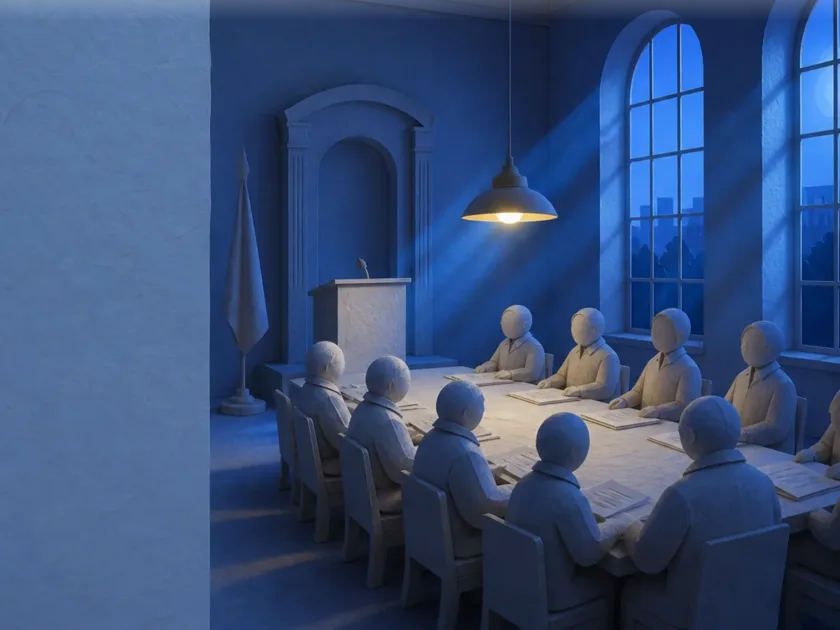 Papirklipp av ein kommunal sal med ein talar framme og innbyggjarar som lyttar.