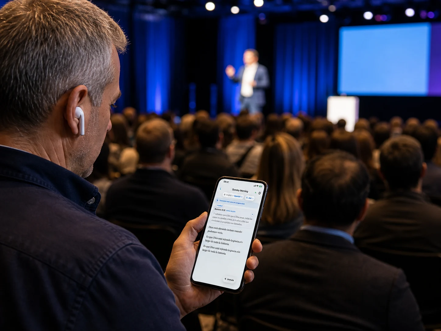 En konferanse-keynote med live språktilgang i rommet.
